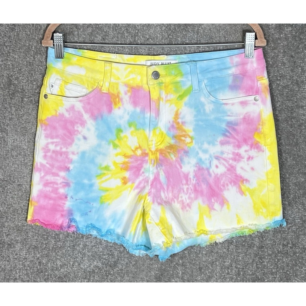 Judy Blue Tie Dye Jean Shorts Womens Sz Large Pink Blue Yellow Stretch High Rise